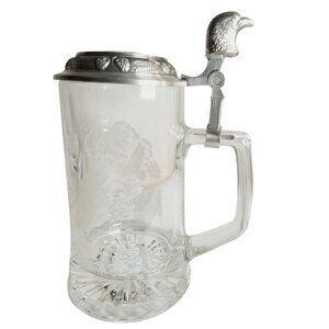 Fiye Eagle Clear Glass Beer Stein Mug Pewter Bald Eagle Lid 7" Tall Germany